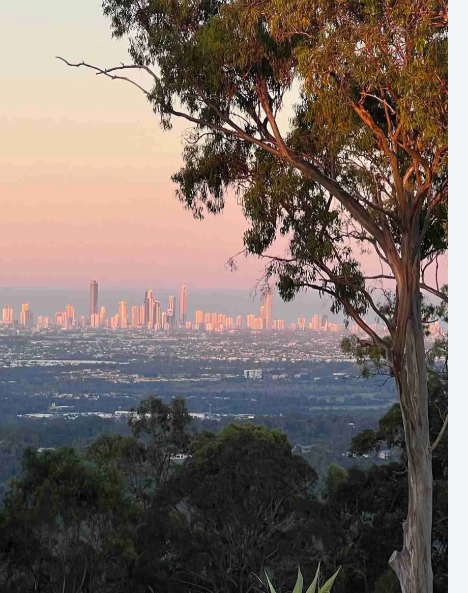 Gold Coast skyline seen from the hinterland at sunset