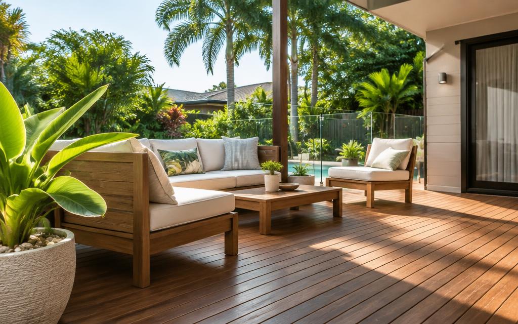 Custom hardwood decking with outdoor lounge furniture and lush greenery