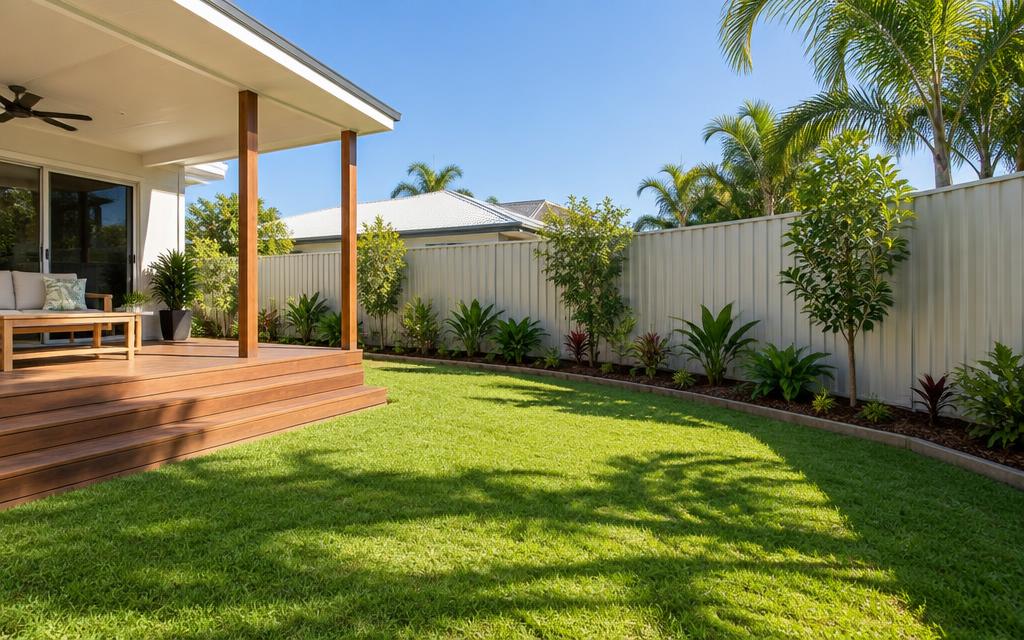 Colourbond fence alongside a timber deck in a sunny Gold Coast backyard
